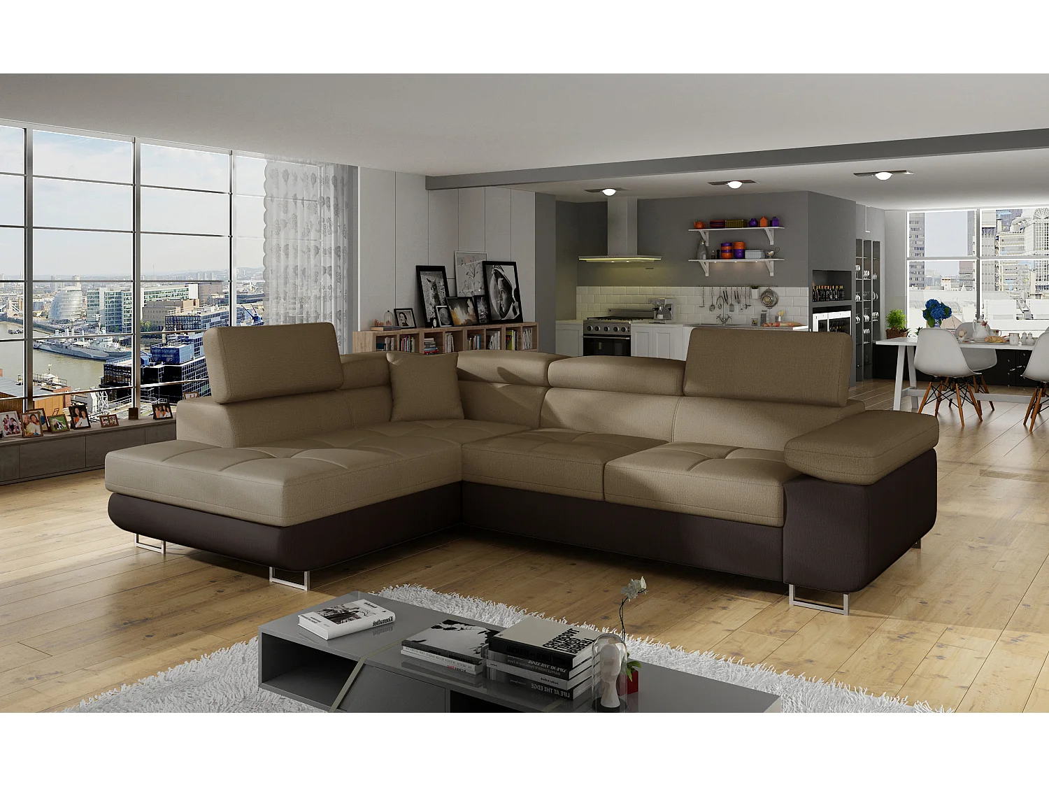 Canapé d'angle convertible velours MARKA - Coffre et appuis-tête réglables-Marron/Marron clair-angle gauche