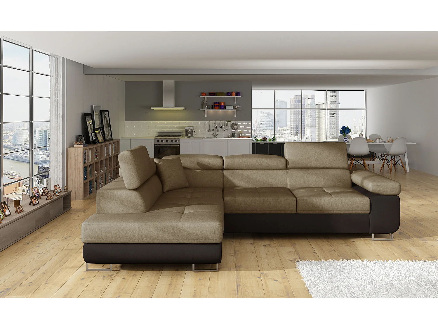 Canapé d'angle convertible velours MARKA - Coffre et appuis-tête réglables-Marron/Marron clair-angle gauche