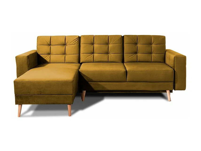 Canapé d'angle convertible et réversible velours ANSKA - Pieds bois naturel-Jaune chamoix