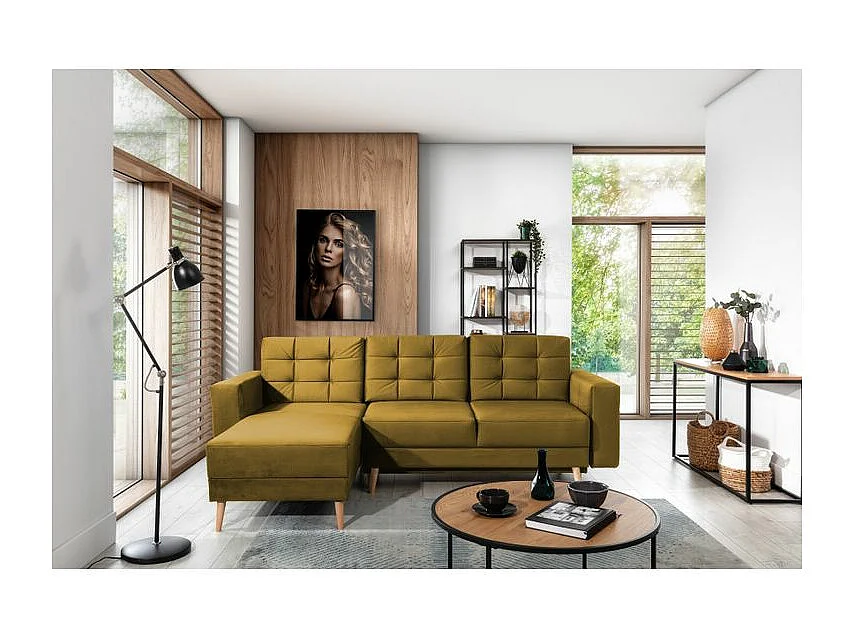 Canapé d'angle convertible et réversible velours ANSKA - Pieds bois naturel-Jaune chamoix