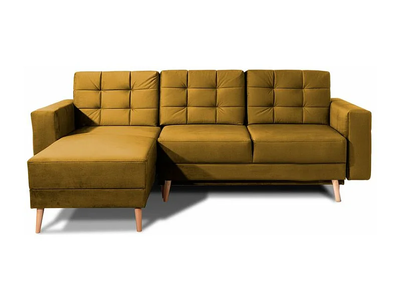 Canapé d'angle convertible et réversible velours ANSKA - Pieds bois naturel-Jaune chamoix