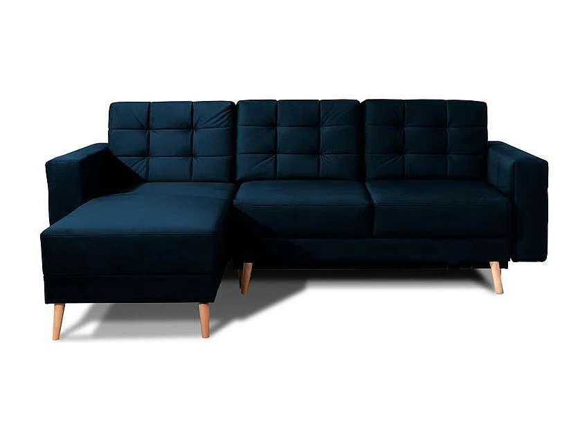 Canapé d'angle convertible et réversible velours ANSKA - Pieds bois naturel-Bleu nuit