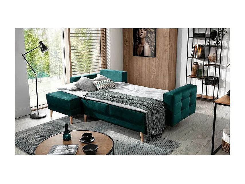 Canapé d'angle convertible et réversible velours ANSKA - Pieds bois naturel-Bleu nuit