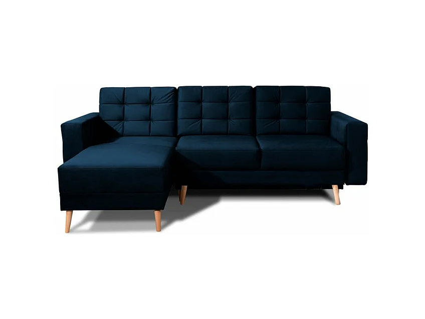 Canapé d'angle convertible et réversible velours ANSKA - Pieds bois naturel-Bleu nuit