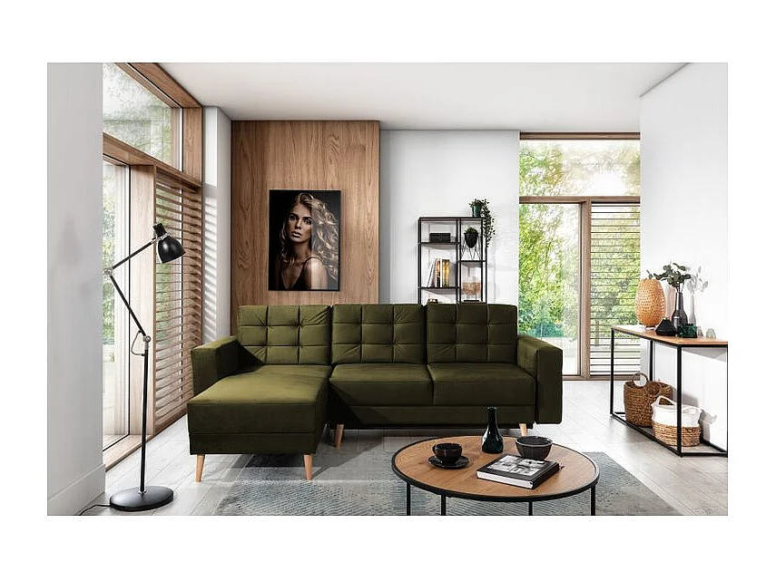 Canapé d'angle convertible et réversible velours ANSKA - Pieds bois naturel-Vert olive