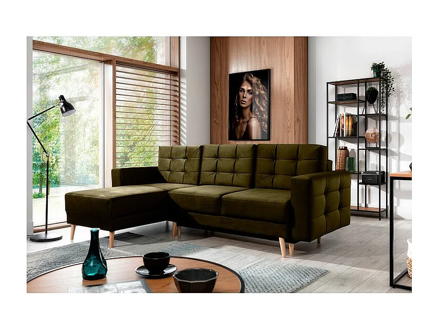 Canapé d'angle convertible et réversible velours ANSKA - Pieds bois naturel-Vert olive