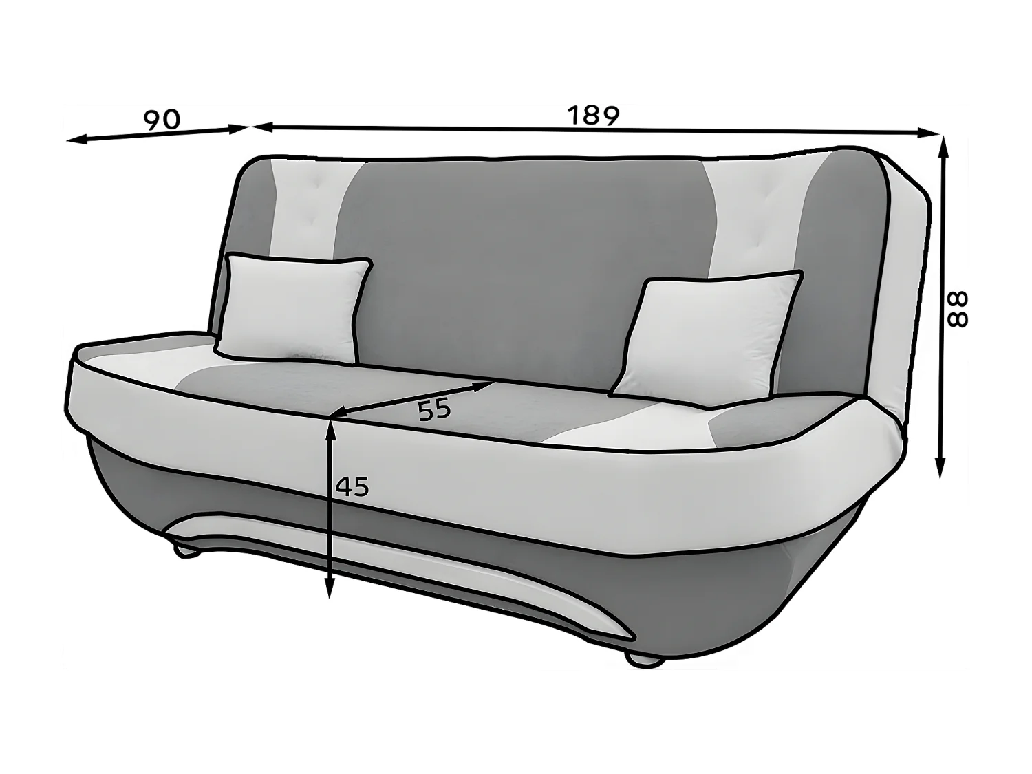 Couch Eva (117x192) / Ab Lager/Stoff-Schwarz&Grau