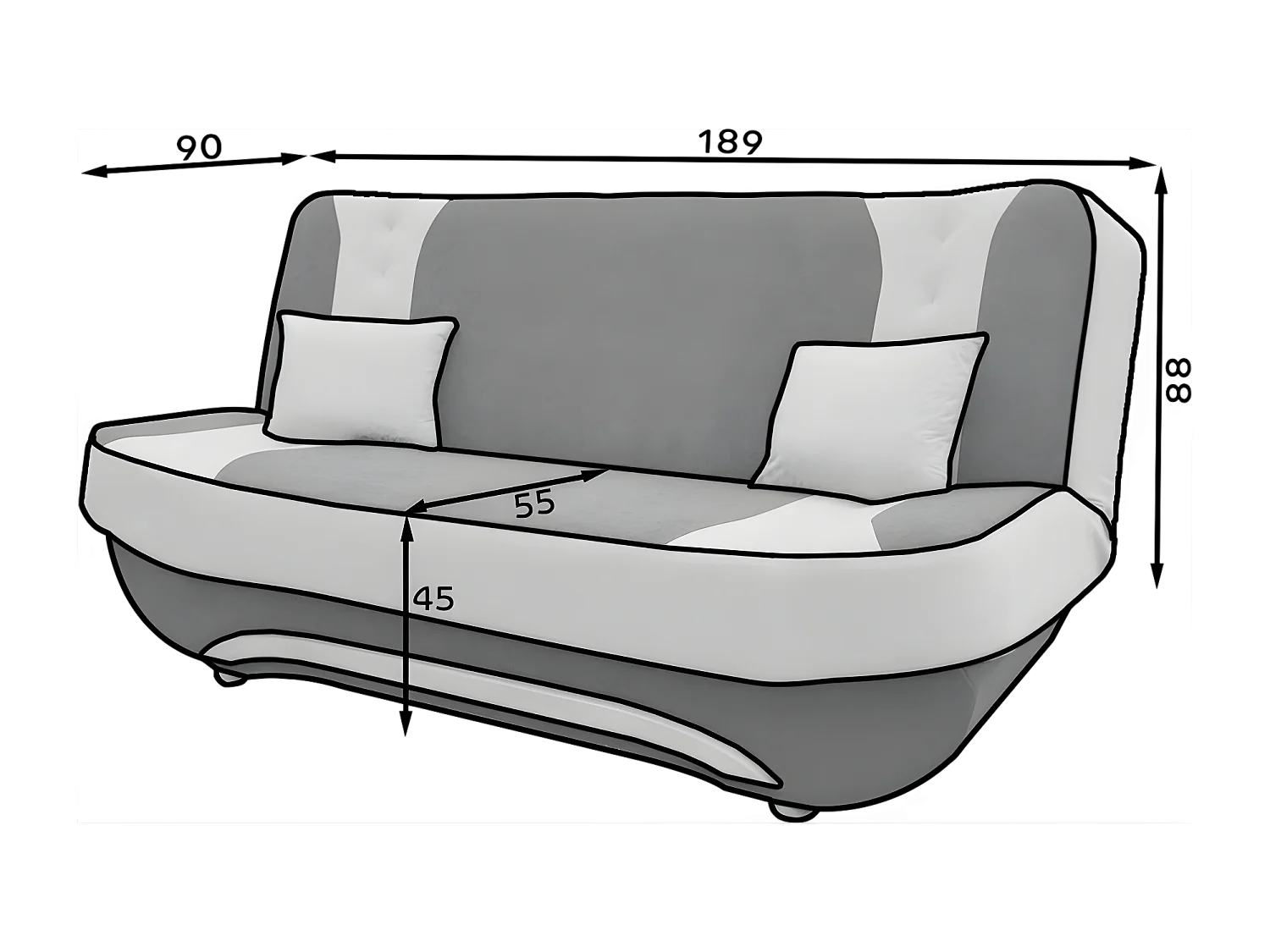 Couch Eva (117x192) / Ab Lager/Stoff-Schwarz&Grau