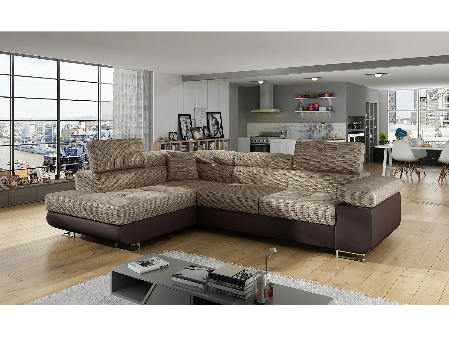 Canapé d'angle gauche convertible tissu beige clair chiné et simili marron Marka 275cm