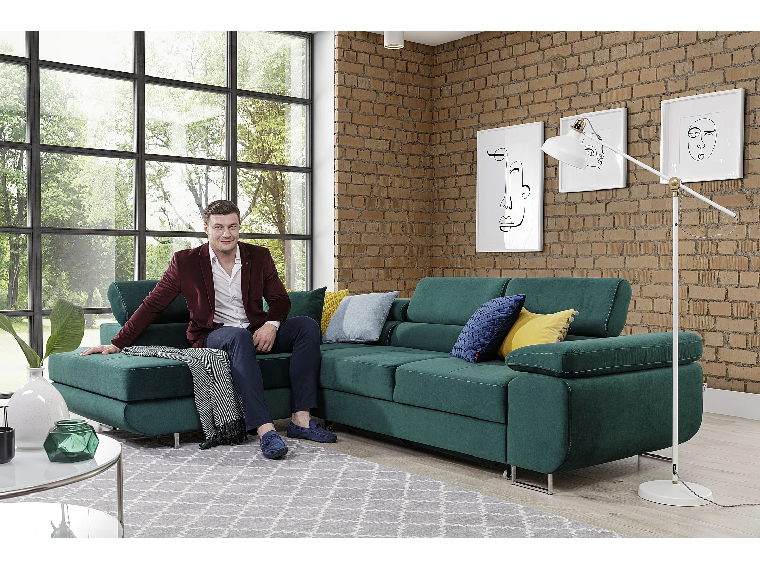 Canapé d'angle gauche convertible tissu beige clair chiné et simili marron Marka 275cm