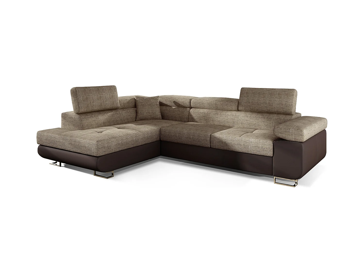 Canapé d'angle gauche convertible tissu beige clair chiné et simili marron Marka 275cm