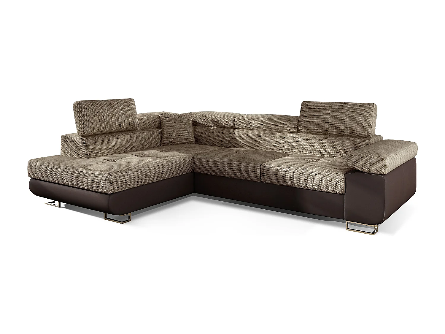 Canapé d'angle gauche convertible tissu beige clair chiné et simili marron Marka 275cm