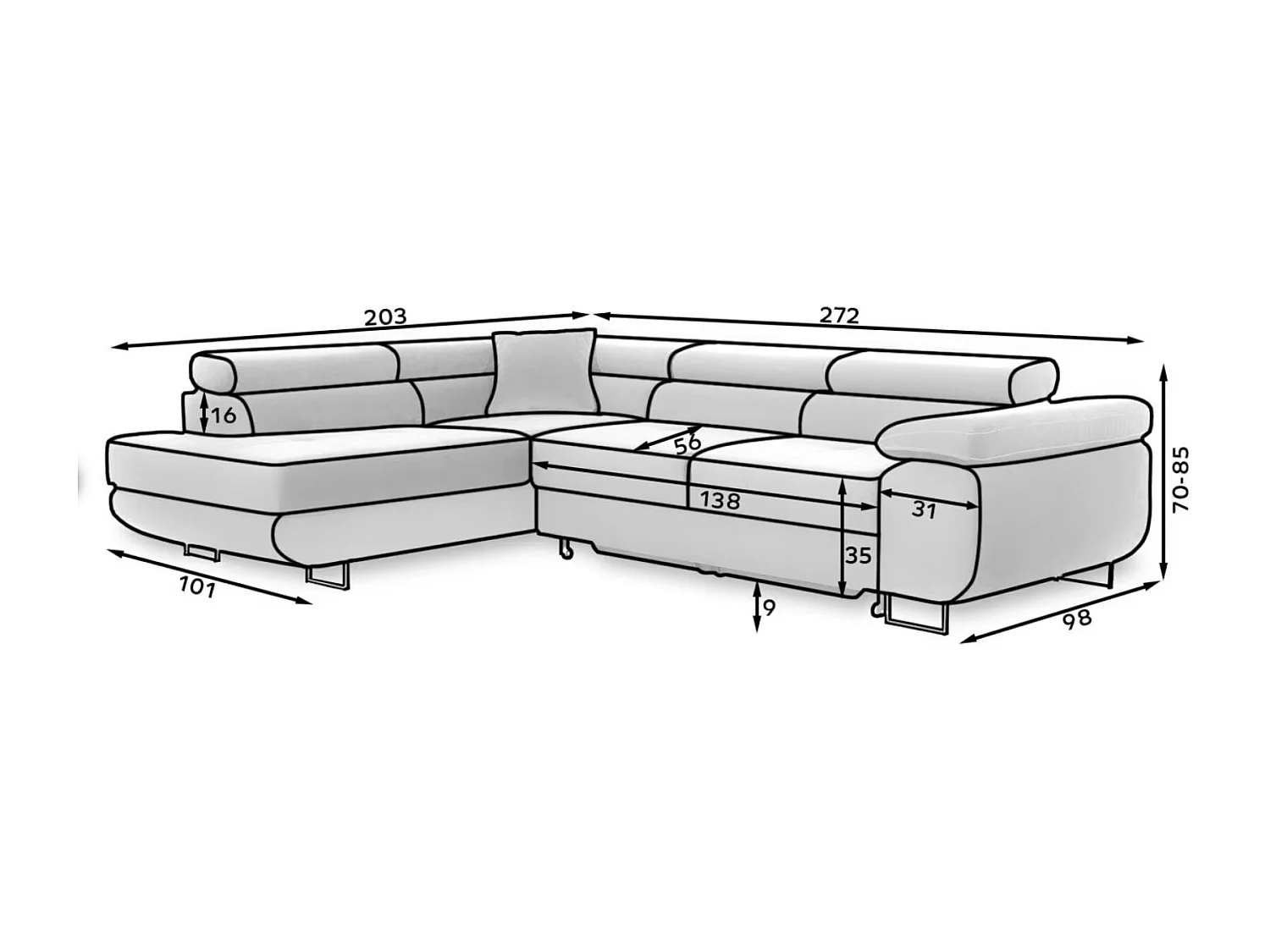 Canapé d'angle convertible simili cuir et tissu MARKA - Coffre et appuis-tête réglables-Marron/Beige chiné-angle gauche