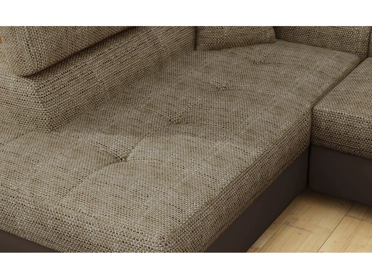 Canapé d'angle convertible simili cuir et tissu MARKA - Coffre et appuis-tête réglables-Marron/Beige chiné-angle gauche