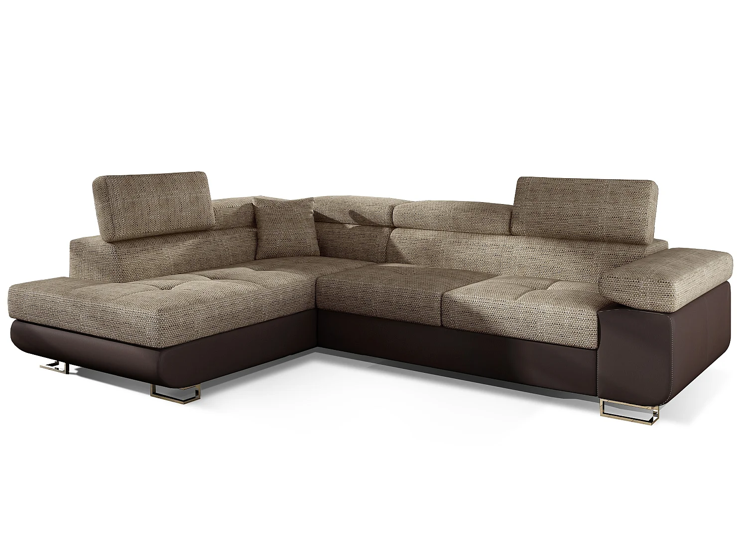 Converteerbare hoekbank in kunstleer en stof met opklapbare hoofdsteunen - Marka Collection-Kleur Bruin/beige gemêleerd-linkerhoek