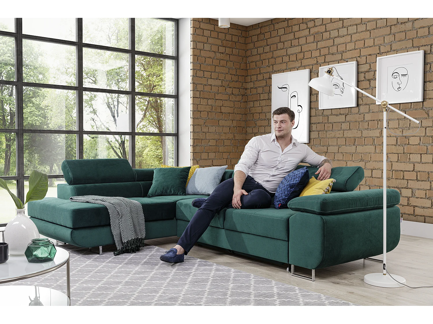 Converteerbare hoekbank in kunstleer en stof met opklapbare hoofdsteunen - Marka Collection-Kleur Bruin/beige gemêleerd-linkerhoek