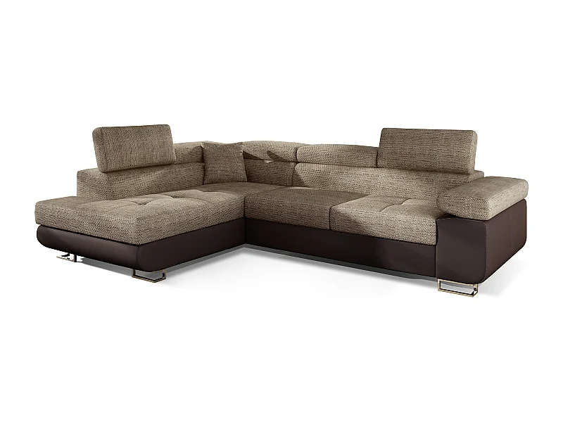 Canapé d'angle gauche convertible tissu beige clair chiné et simili marron Marka 275cm