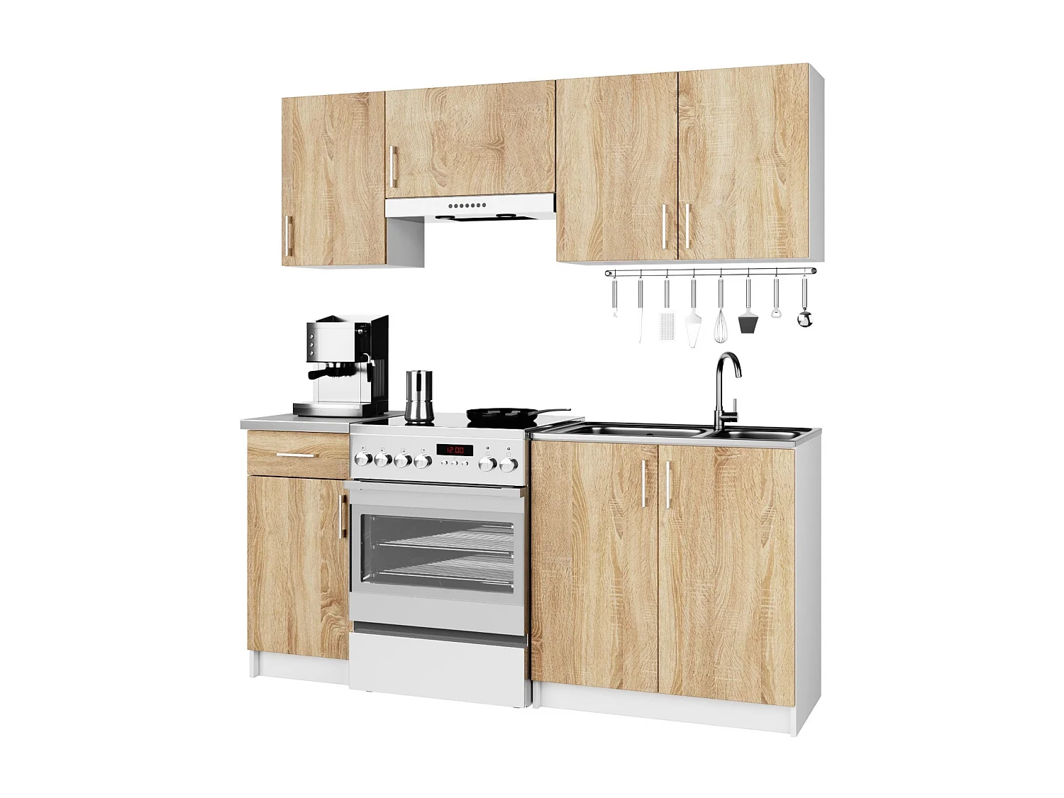 Küchenmöbelset AKORD LIMA Weiß 180 cm 7 Turen Schublade 8 Ebenen Front Sonoma-Eiche B180 x H203 x T44,5 cm