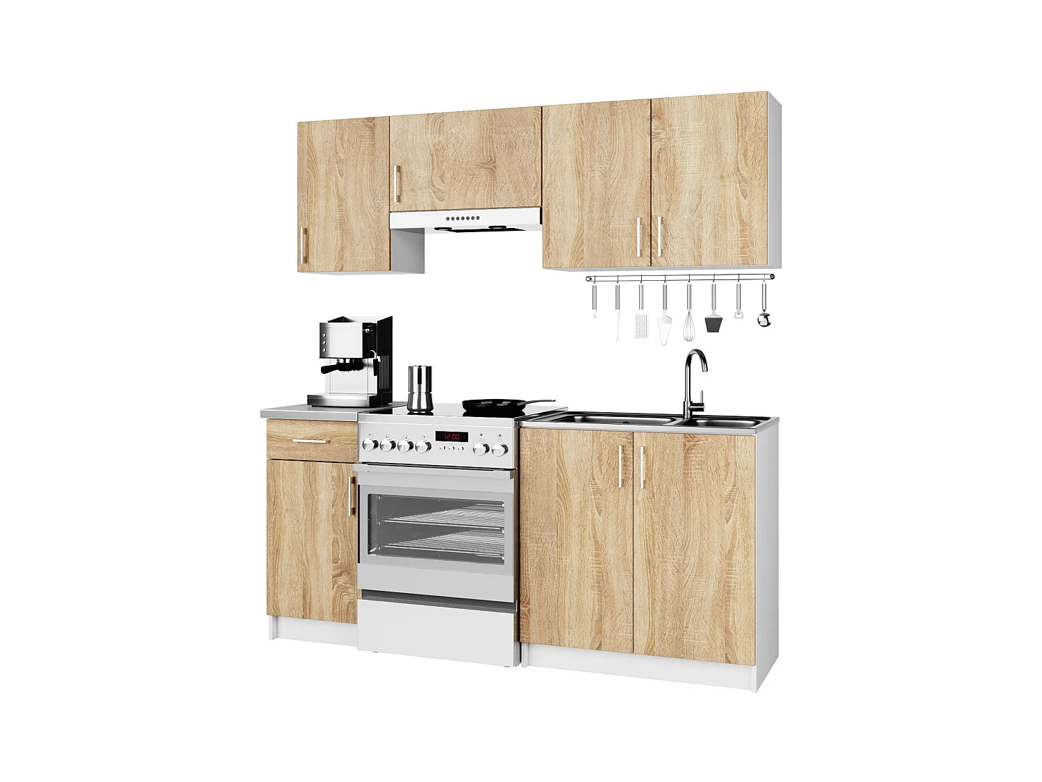 Ensemble De Cuisine AKORD LIMA 1.8m Blanc 180 cm 7 portes 1 tiroir façade Chêne Sonoma 8 étagères 180x44,5x203 cm