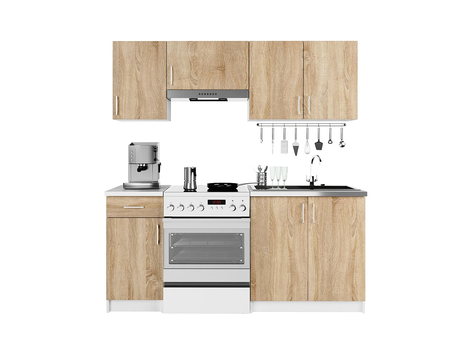 Ensemble De Cuisine AKORD LIMA 1.8m Blanc 180 cm 7 portes 1 tiroir façade Chêne Sonoma 8 étagères 180x44,5x203 cm
