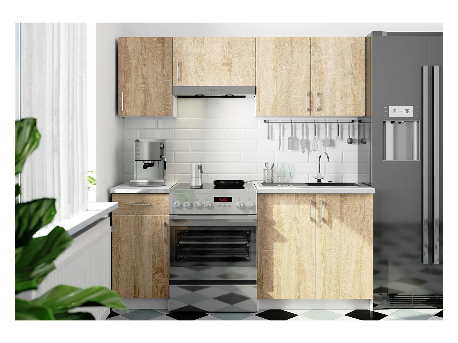 Ensemble De Cuisine AKORD LIMA 1.8m Blanc 180 cm 7 portes 1 tiroir façade Chêne Sonoma 8 étagères 180x44,5x203 cm