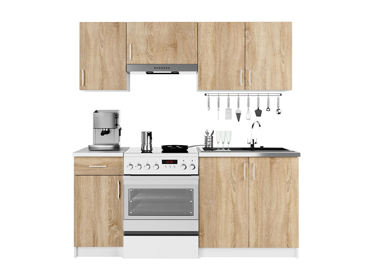 Ensemble De Cuisine AKORD LIMA 1.8m Blanc 180 cm 7 portes 1 tiroir façade Chêne Sonoma 8 étagères 180x44,5x203 cm