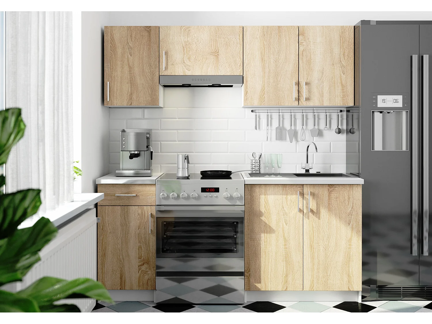 Ensemble De Cuisine AKORD LIMA 1.8m Blanc 180 cm 7 portes 1 tiroir façade Chêne Sonoma 8 étagères 180x44,5x203 cm