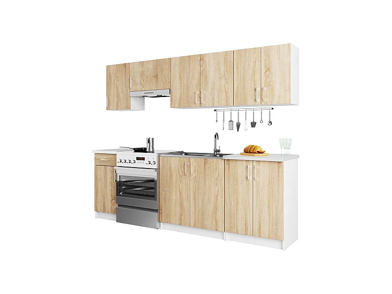 Ensemble De Cuisine AKORD LIMA 2.4m Blanc 240 cm 11 portes 1 tiroir façade Chêne Sonoma 240x44,5x203 cm