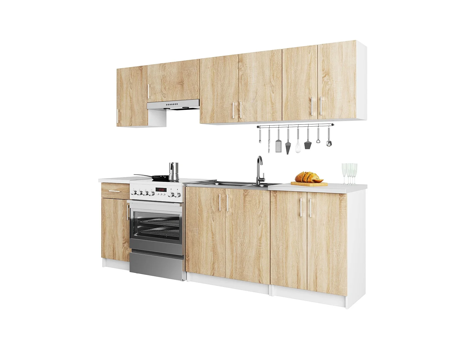Ensemble De Cuisine AKORD LIMA 2.4m Blanc 240 cm 11 portes 1 tiroir façade Chêne Sonoma 240x44,5x203 cm
