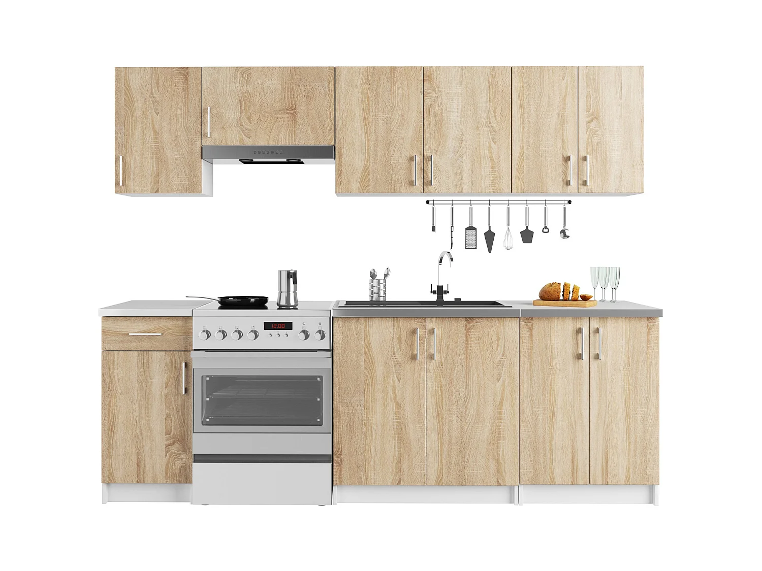 Ensemble De Cuisine AKORD LIMA 2.4m Blanc 240 cm 11 portes 1 tiroir façade Chêne Sonoma 240x44,5x203 cm