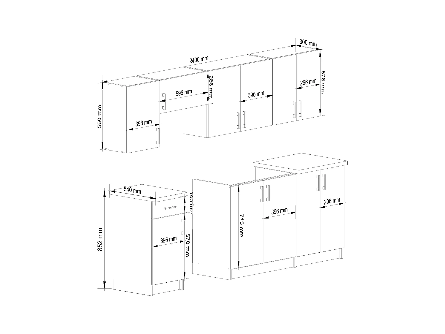 Ensemble De Cuisine AKORD LIMA 2.4m Blanc 240 cm 11 portes 1 tiroir façade Chêne Sonoma 240x44,5x203 cm