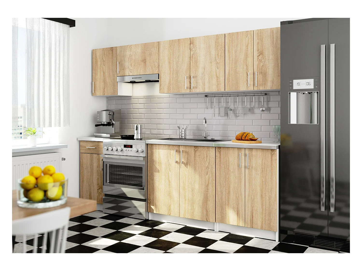 Ensemble De Cuisine AKORD LIMA 2.4m Blanc 240 cm 11 portes 1 tiroir façade Chêne Sonoma 240x44,5x203 cm