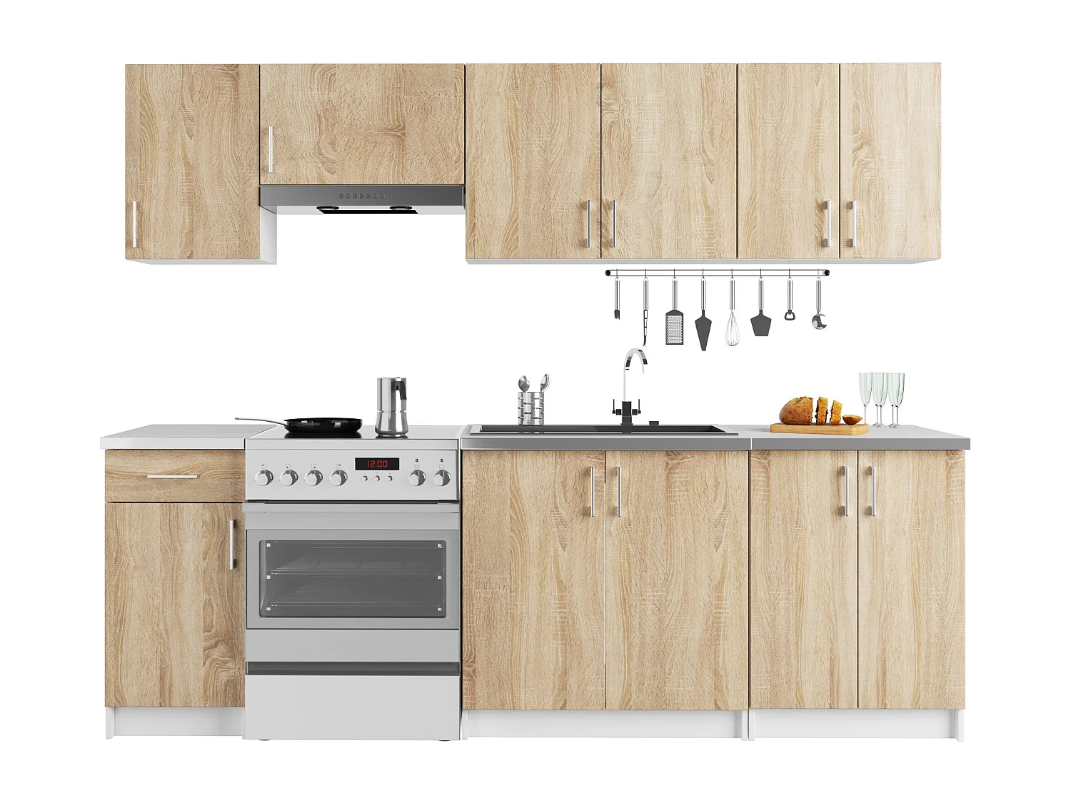 Ensemble De Cuisine AKORD LIMA 2.4m Blanc 240 cm 11 portes 1 tiroir façade Chêne Sonoma 240x44,5x203 cm