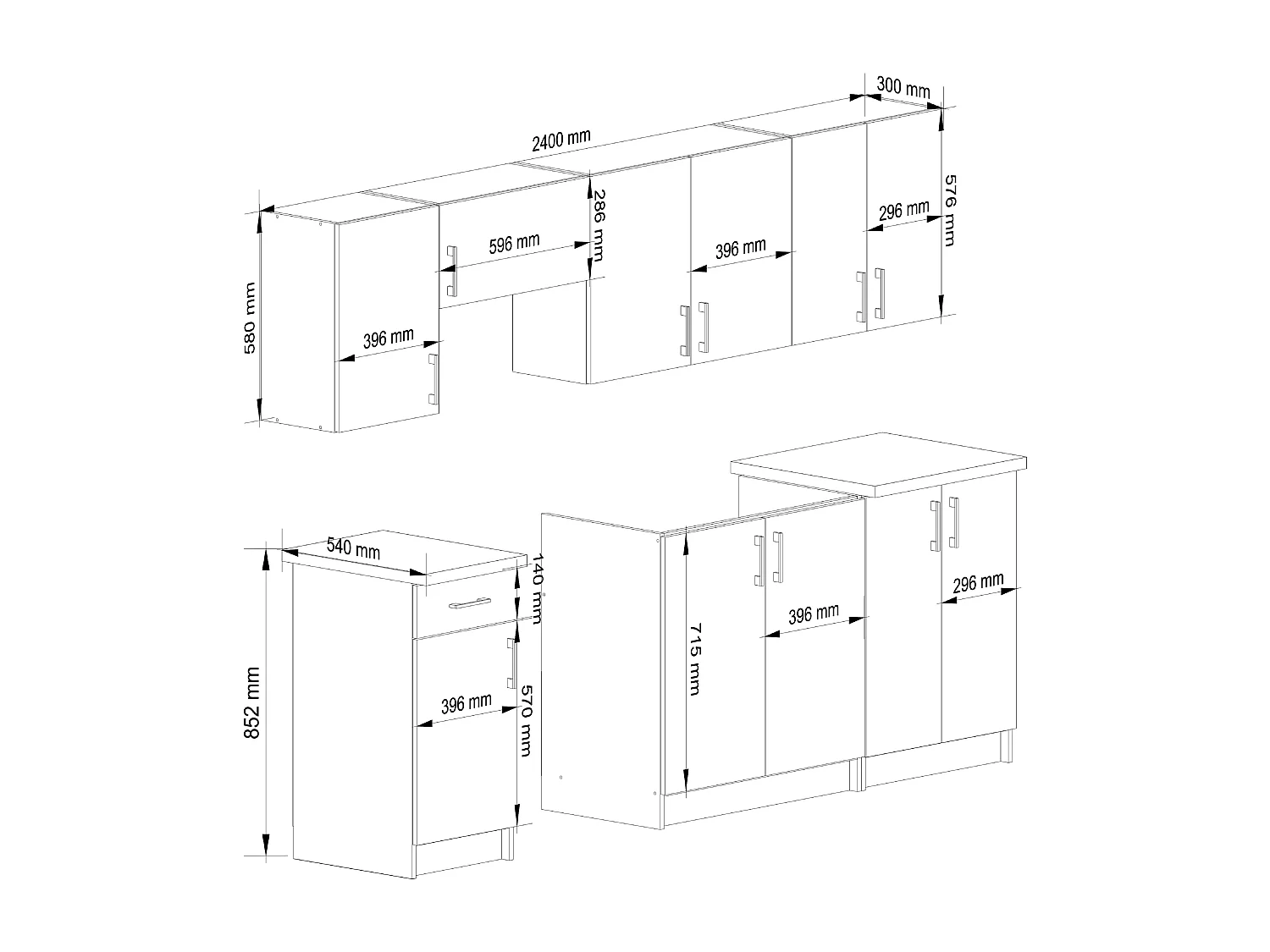 Ensemble De Cuisine AKORD LIMA 2.4m Blanc 240 cm 11 portes 1 tiroir façade Chêne Sonoma 240x44,5x203 cm