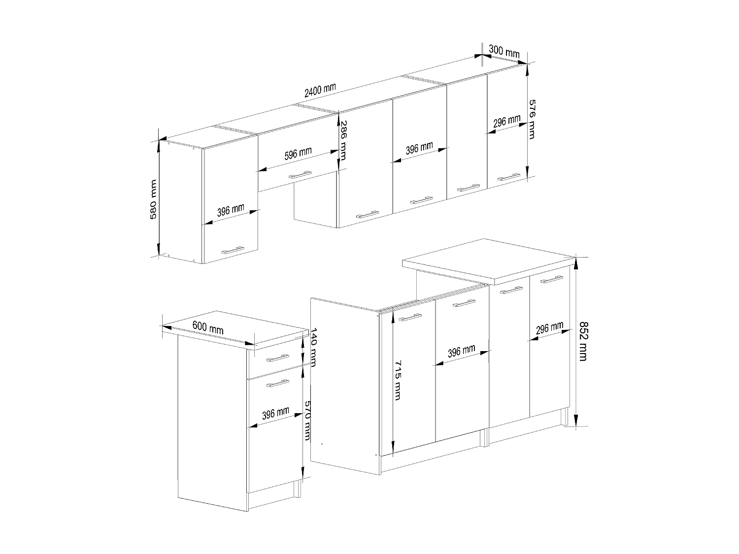 Küchenmöbelset AKORD OLIWIA Weiß 240 cm 11 Turen Schublade 12 Ebenen B240 x H203 x T46 cm
