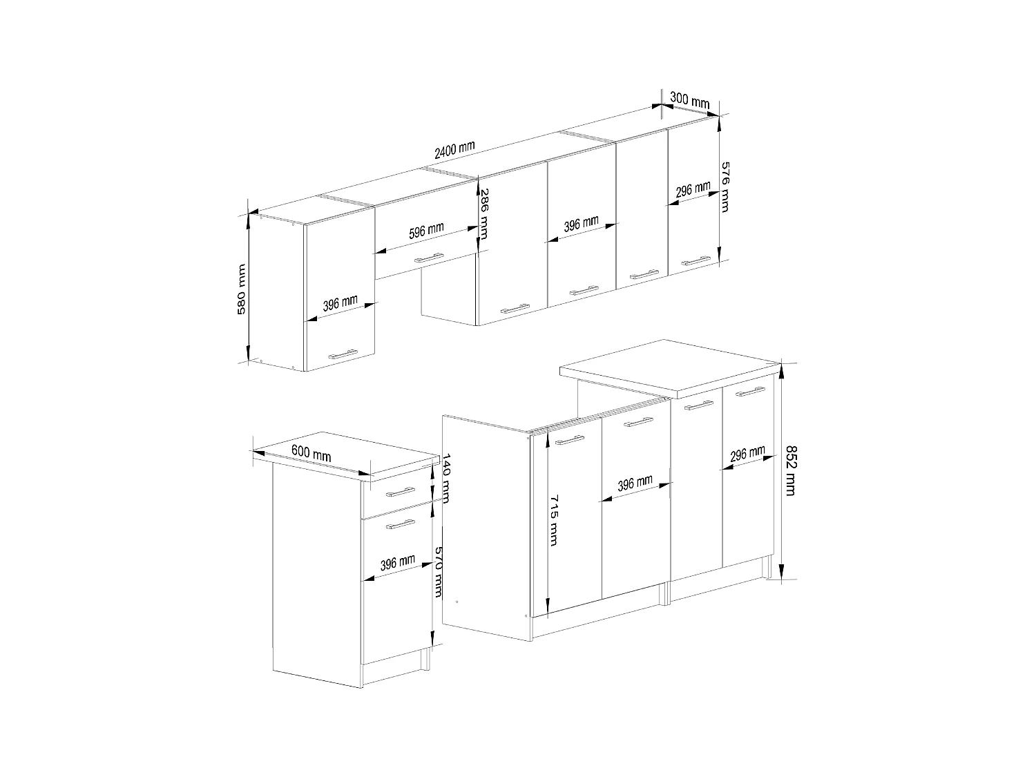 Ensemble De Cuisine AKORD OLIWIA 2.4m Blanc 240 cm 11 portes 1 tiroir façade Blanche 240x46x203 cm