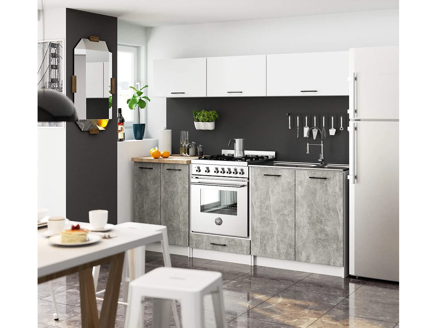 Zestaw kuchenny AKORD OLIWIA G1 2.0m Biały 200 cm 8 drzwi kolor Beton mat 6 półek 200x46x174 cm