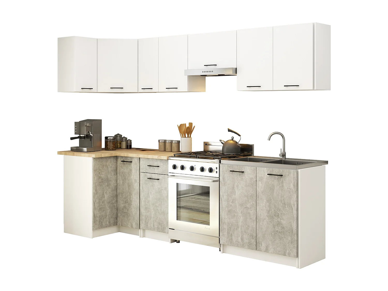 Küchenmöbelset AKORD OLIWIA Weiß 300 cm 11 Turen Schublade 16 Ebenen Front Beton B300 x H203 x T46 cm