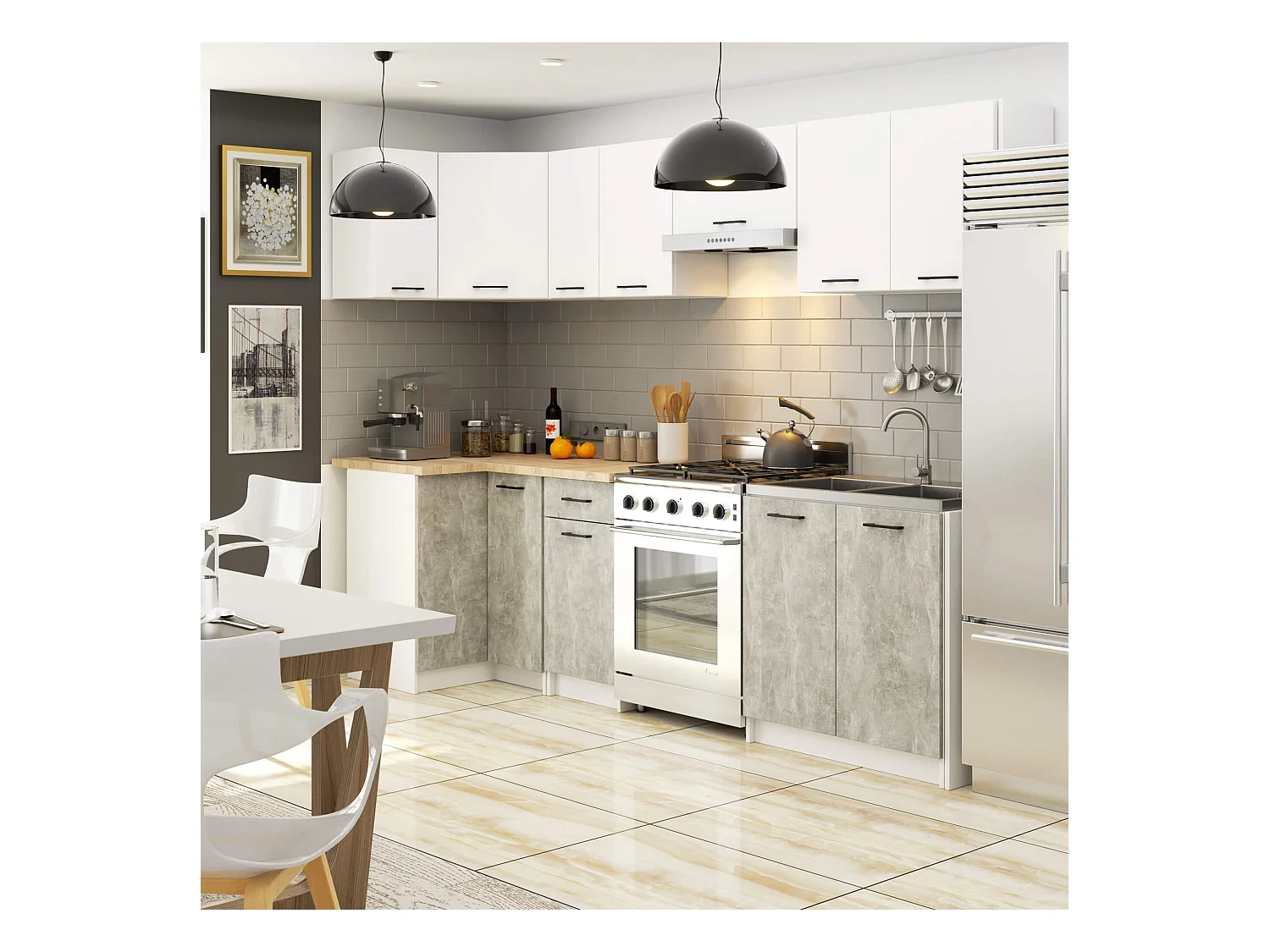 Ensemble De Cuisine AKORD OLIWIA Blanc 300 cm 11 portes 1 tiroir façade Béton 300x46x203 cm