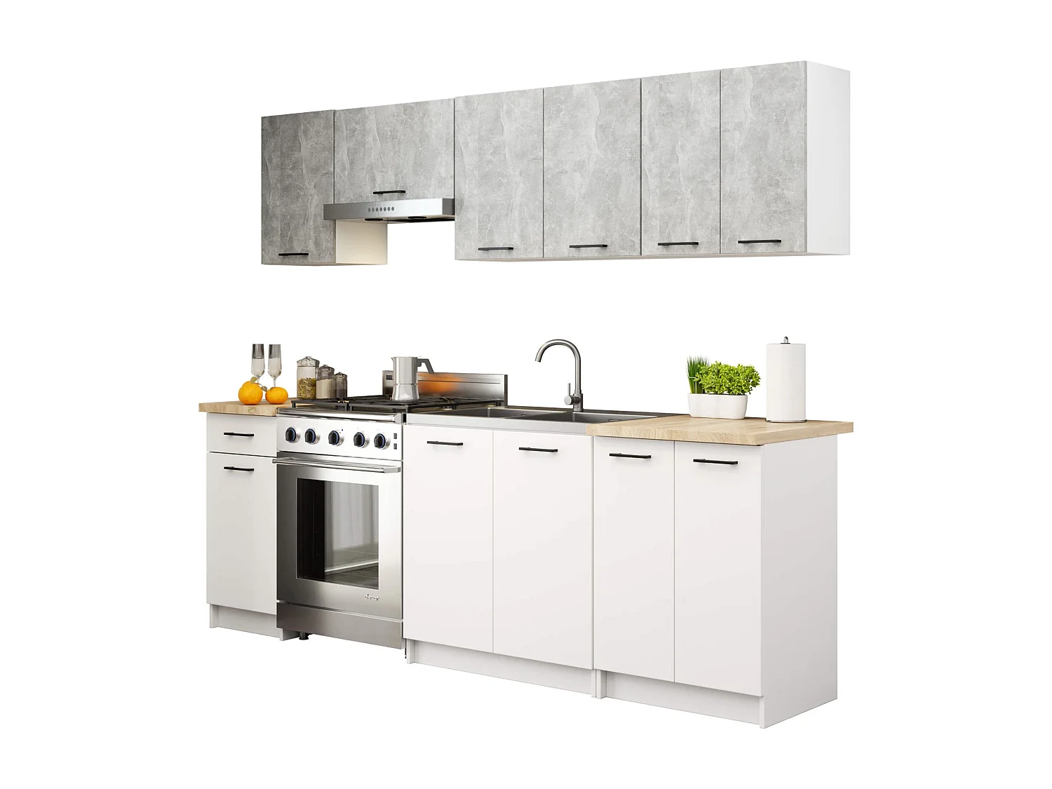 Complete Keuken, Keukenmeubelset OLIWIA met Verkblad 240 cm breed / Keukeneenheid zonder apparatuur / Beton Grijs - Wit / 240 x 203 x 46 cm