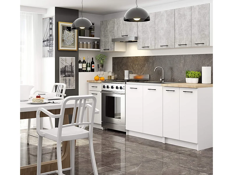 Complete Keuken, Keukenmeubelset OLIWIA met Verkblad 240 cm breed / Keukeneenheid zonder apparatuur / Beton Grijs - Wit / 240 x 203 x 46 cm