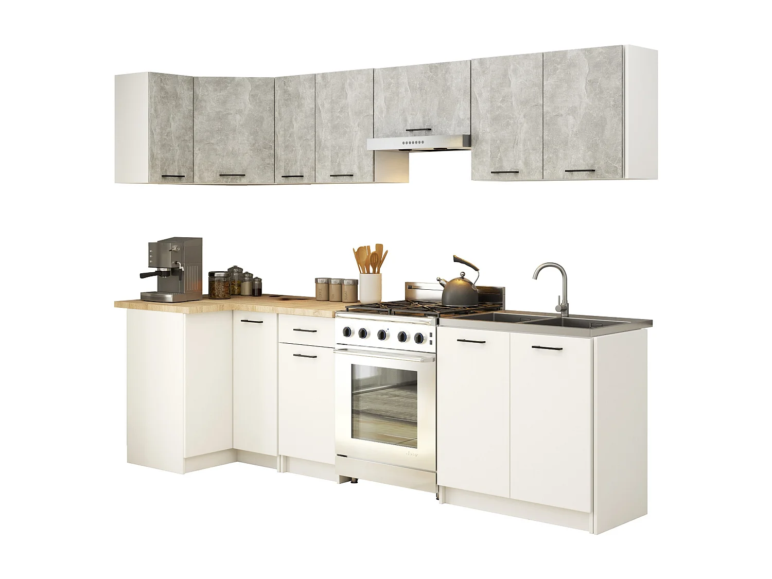 Hoekkeukenmeubelset Oliwia 3M in Beton en Wit - Zelfmontage, Modern en Functioneel Design