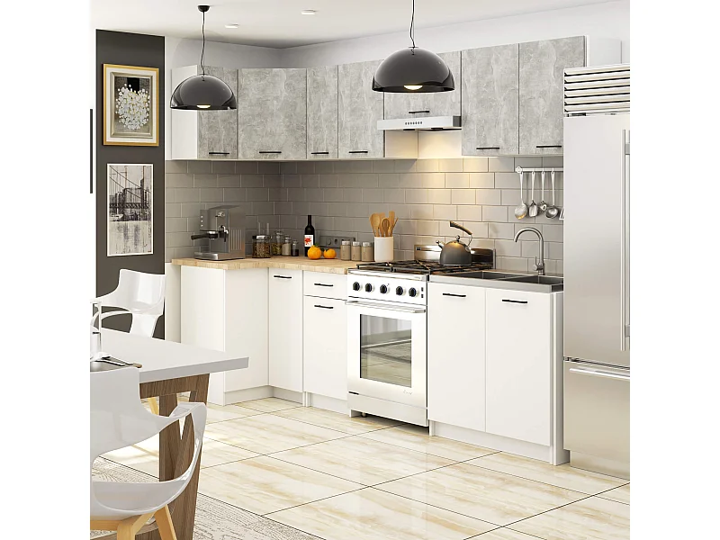 Hoekkeukenmeubelset Oliwia 3M in Beton en Wit - Zelfmontage, Modern en Functioneel Design