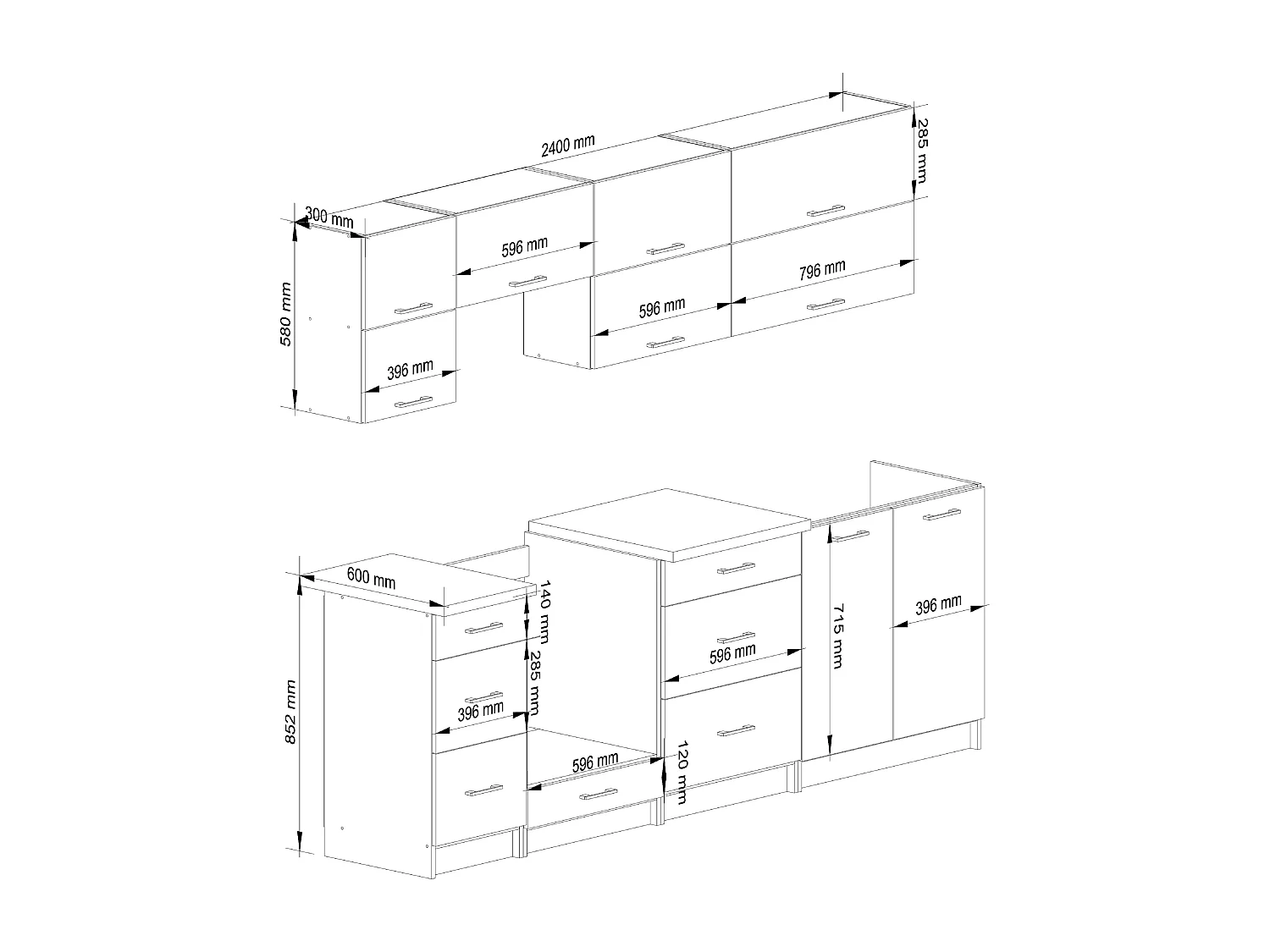 Ensemble De Cuisine AKORD OLIWIA G2 Blanc 240 cm 10 portes 6 tiroirs façade Blanche 240x46x203 cm