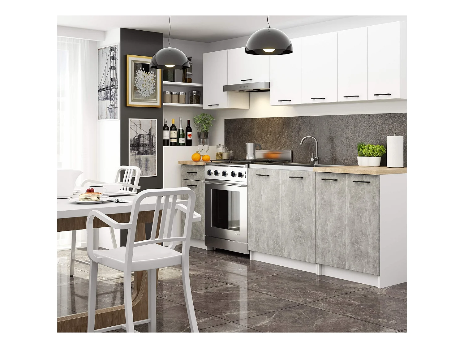 Ensemble De Cuisine AKORD OLIWIA 2.4m Blanc 240 cm 11 portes 1 tiroir façade Béton 240x46x203 cm