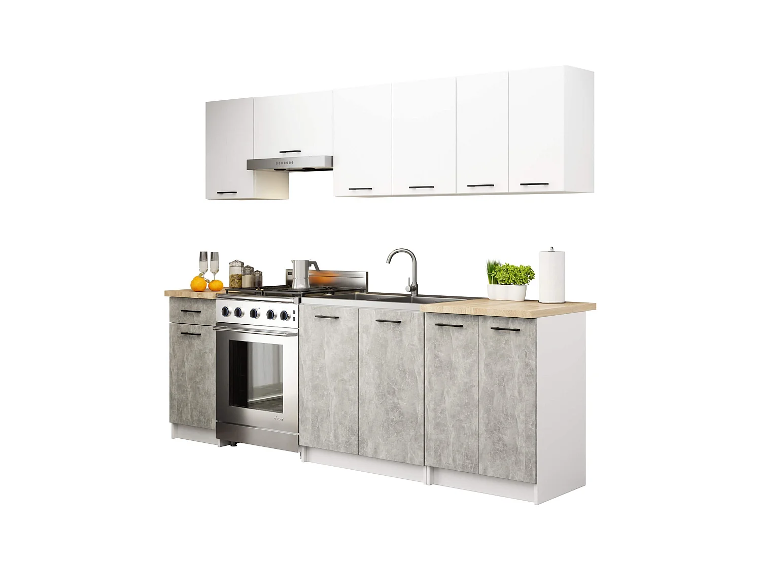 Ensemble De Cuisine AKORD OLIWIA 2.4m Blanc 240 cm 11 portes 1 tiroir façade Béton 240x46x203 cm