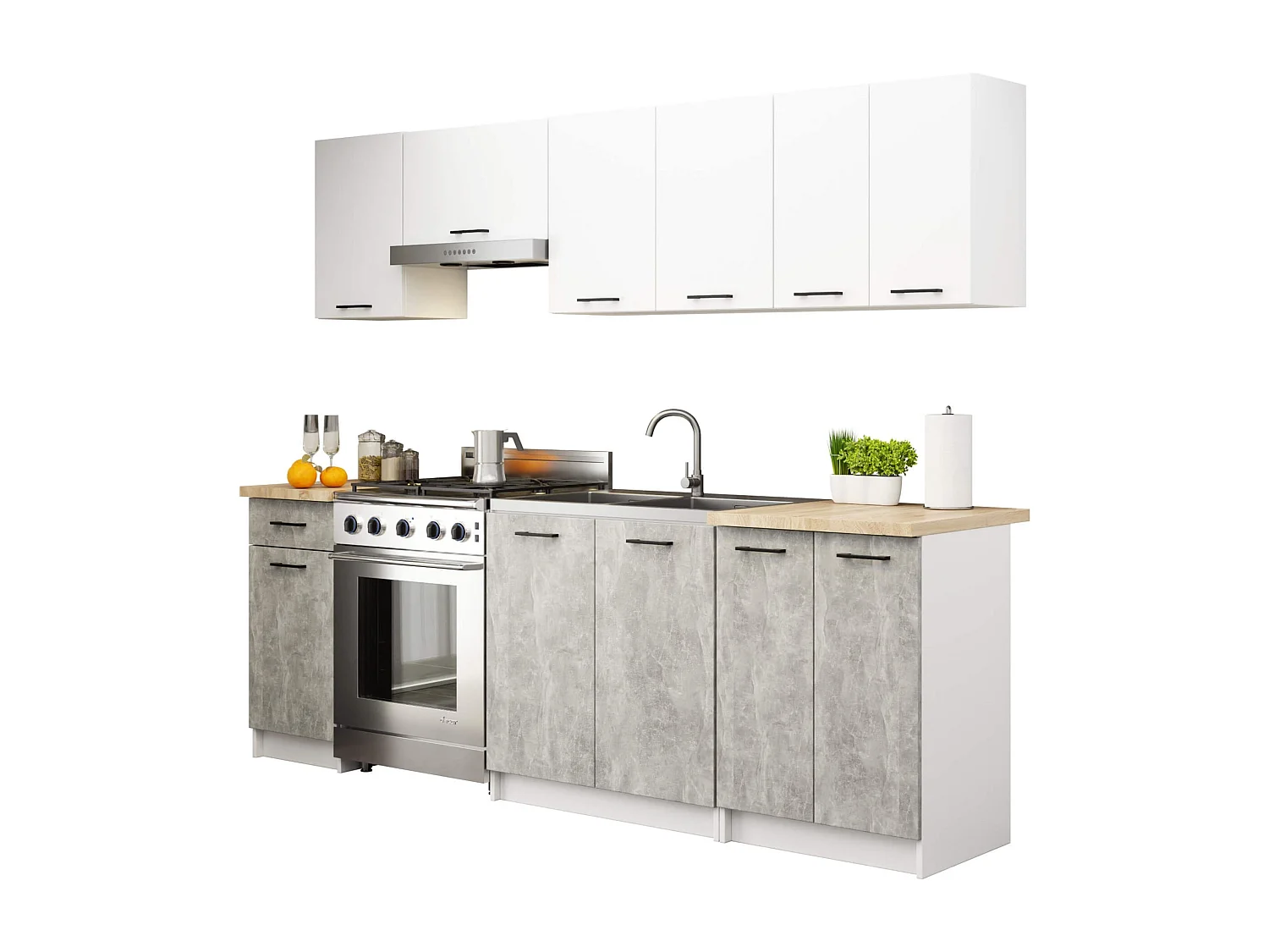 Complete Keuken, Keukenmeubelset OLIWIA met Verkblad 240 cm breed / Keukeneenheid zonder apparatuur / Wit – Beton Grijs / 240 x 203 x 46 cm