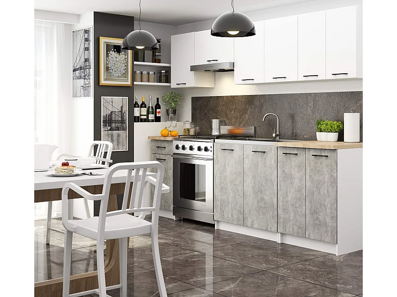 Ensemble De Cuisine AKORD OLIWIA 2.4m Blanc 240 cm 11 portes 1 tiroir façade Béton 240x46x203 cm