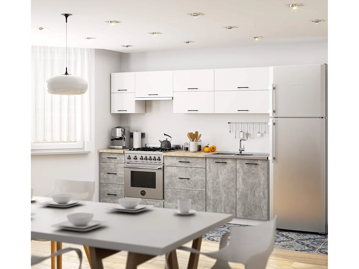 AKORD Set di Mobili da Cucina OLIWIA G2 240 cm Bianco 240 cm 10 ante 6 cassetti inserto frontale Cemento 240x46x203 cm