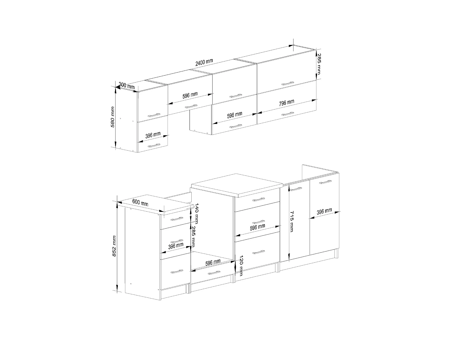 AKORD Set di Mobili da Cucina OLIWIA G2 240 cm Bianco 240 cm 10 ante 6 cassetti inserto frontale Cemento 240x46x203 cm